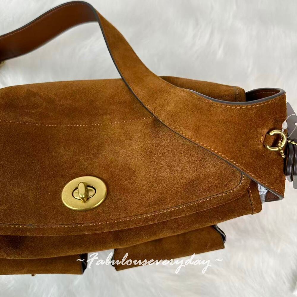 Coach Turnlock Haversack Bag Shoulder/Crossbody Suede Brass/Warm Brown CDZ13 NWT - Picture 6 of 13